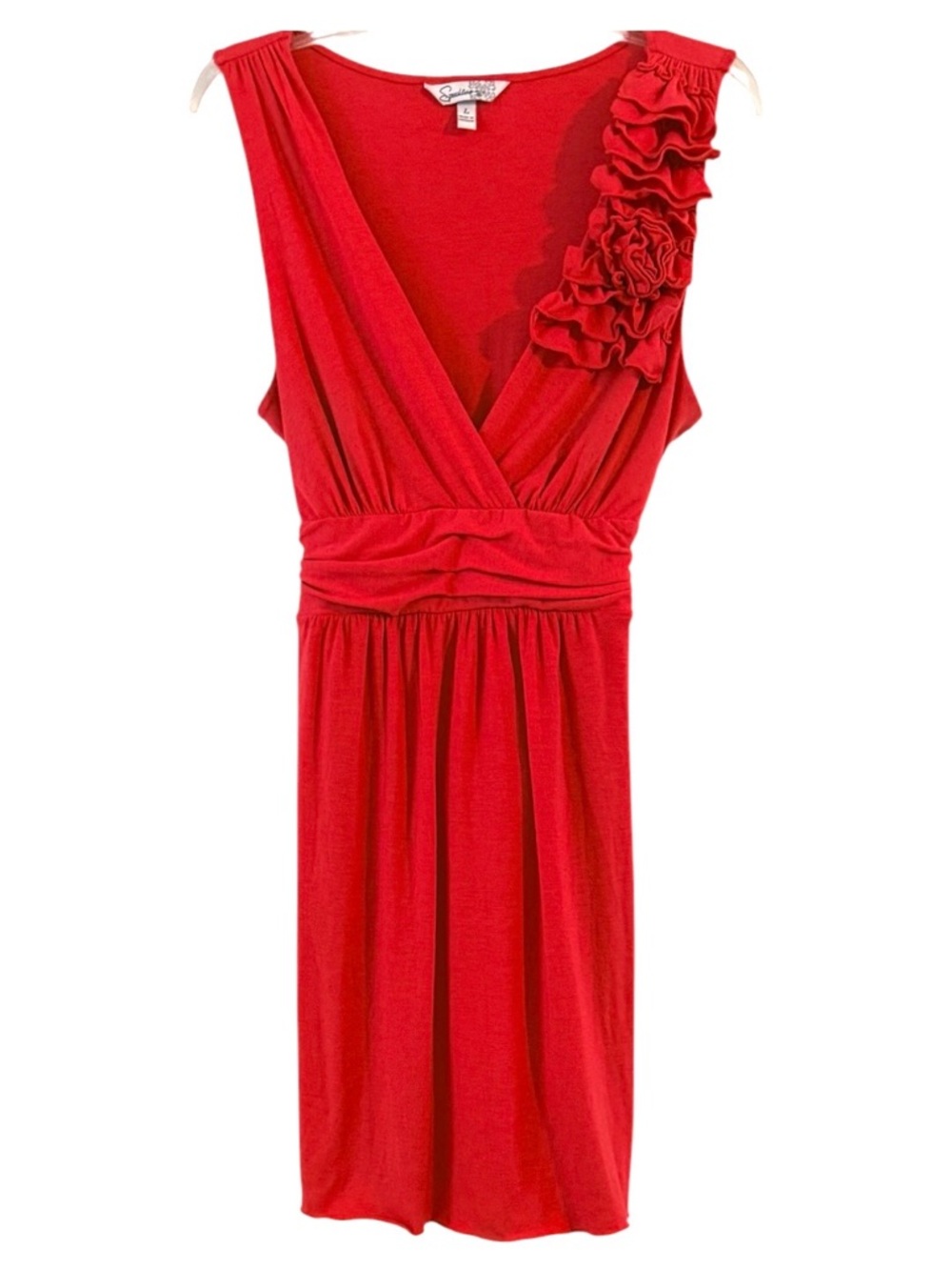 Speechless Coral Floral Ruffle Shoulder V-Neck Back Tie Waist Midi Dress Size L
